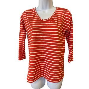 Talbots T-Shirt Top Orange-Red White Striped Long Sleeve Nautical Large